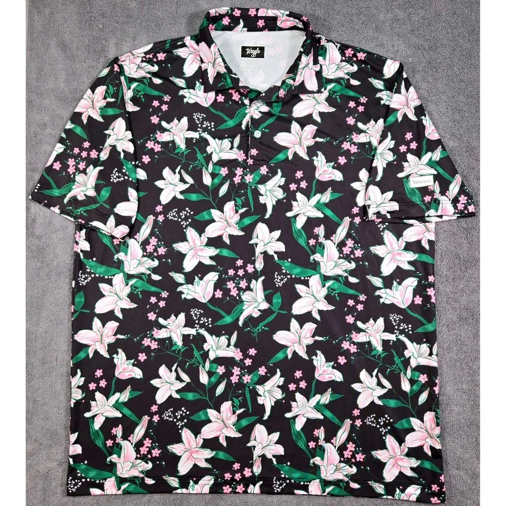 Waggle Golf Polo Mens 2XL Black Pink Floral Lily Performance Stretch Excellent - Picture 2 of 10